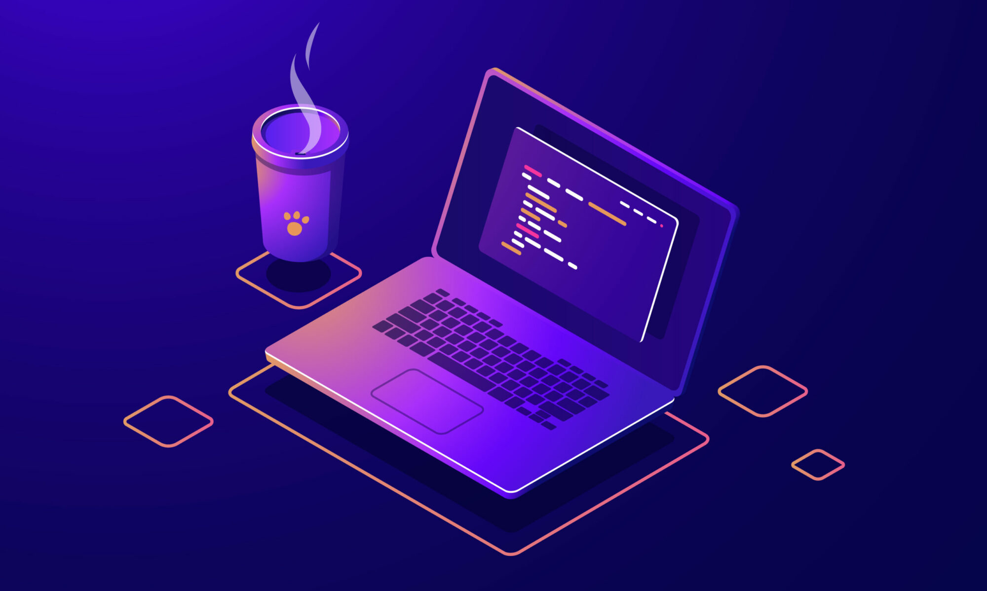 Image représentant un ordinateur portable affichant des lignes de codes, et un gobelet à côté.